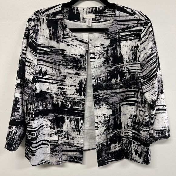 Chico’s Womens Size 2 L Artsy Abstract Open Front Jacket Black White Cotton - Picture 1 of 8